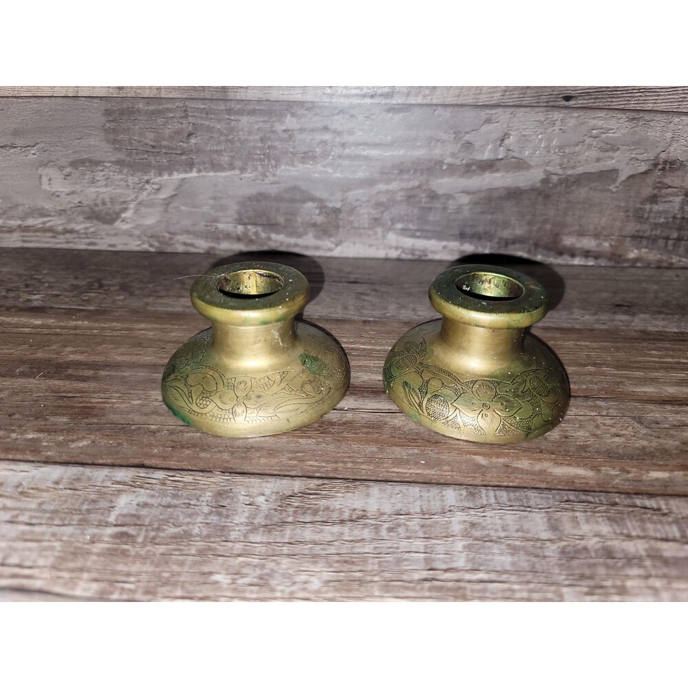 Antique Brass Pair Of Asain Hand Engraved Candlestick Holders